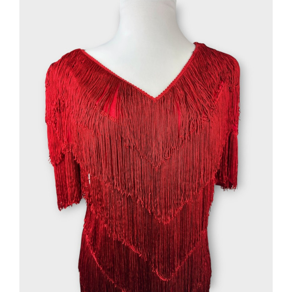VTG 70s 80s Mister Jay Fringe Dress Red V-Neck No Size Party Holiday Flapper L - Picture 4 of 15